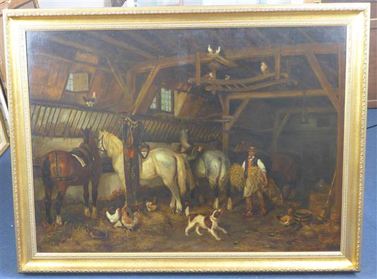 Louis Van Buyck, oil,  Stable interior with grooms, chickens and a dog,(-)